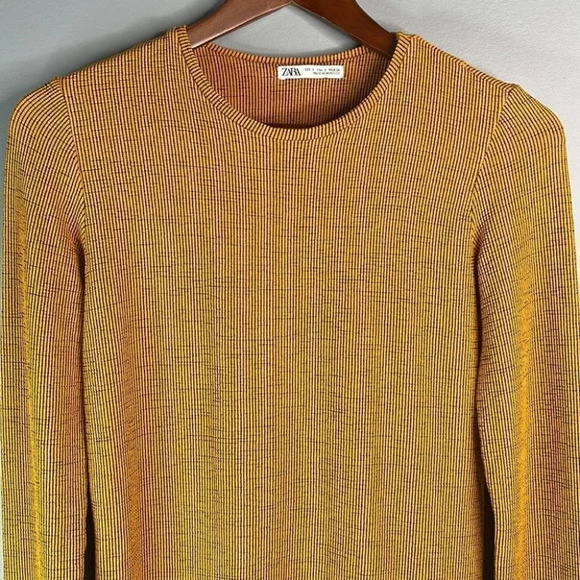 ZARA Ribbed Top Mustard Navy Ribbed Stretch Long Sleeve Textured Crew S - Picture 3 of 11
